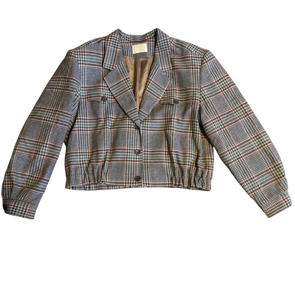 Pendleton‎ Women Houndstooth Brown Short Jacket 3 buttons 100% Virgin Wool